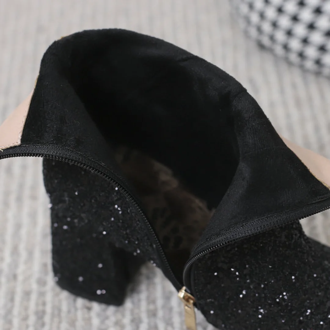 Женские Блестящие ботильоны на массивном каблуке с круглым носком и боковой