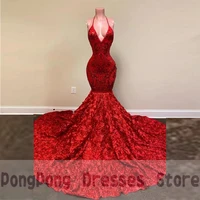 red retro evening dresses mermaid floor length halter v neck sleeveless court evening gowns delicate paillette sexy formal dress