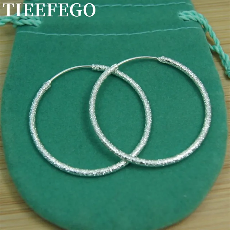 

TIEEFEGO 925 Sterling Silver Scrub Matte Round Circle 35mm Big Hoop Earrings for Women European Fashion Jewelry Gift Hot Sale