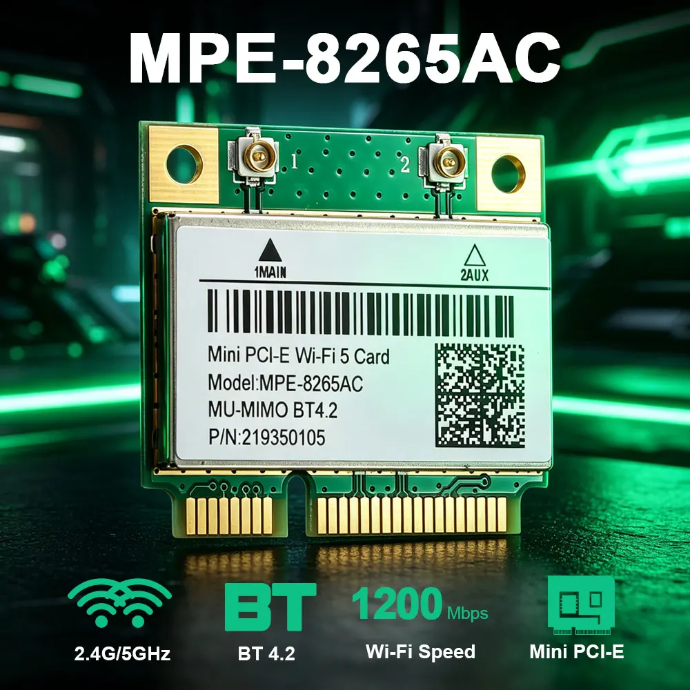 Фото WiFi 5 MPE-8265AC MINI PCI-E WIFI-карта, двухдиапазонная, 2,4G/5 ГГц, BT 4,2, 1200 Мбит/с, 802.11AC, сетевая карта Wlan для ноутбуков с Windows 7/8/10 №1