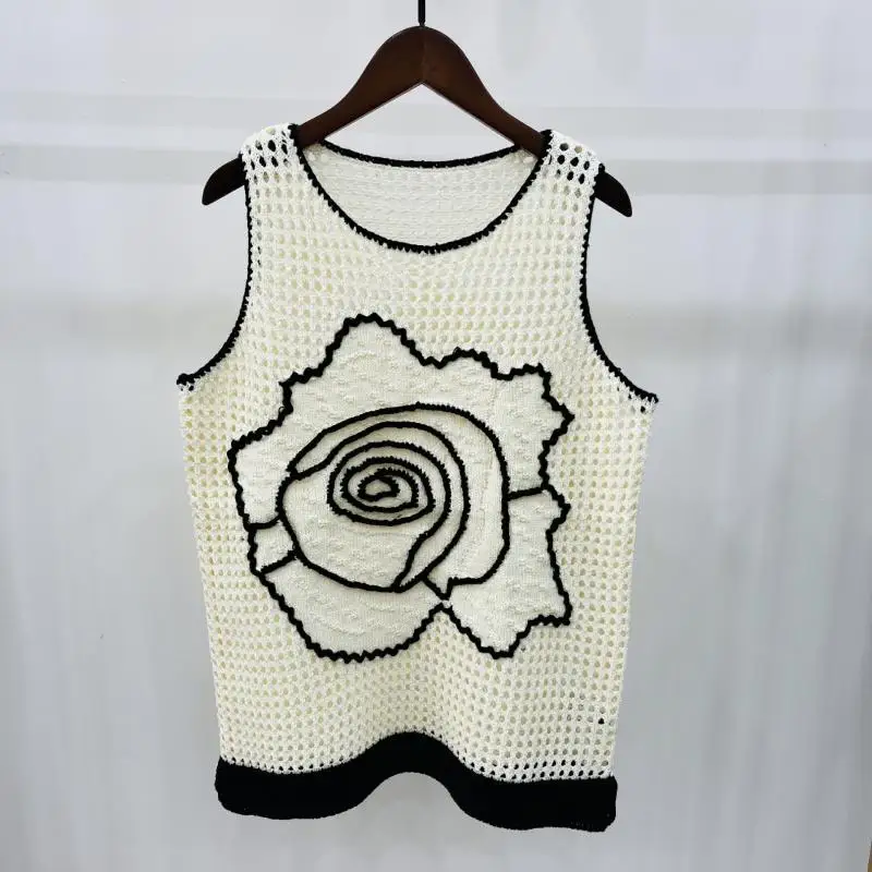 

Vintage Rose Flower Embroidery Hollow Sleeveless Knitted Vest Designer Fashion Top Women Casual Chic Brand Clothes 2022
