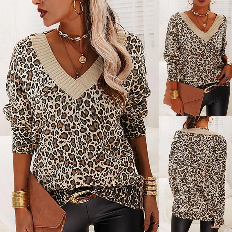 

Autumn and winter new women's leopard print long sleeve V-neck loose casual sweater