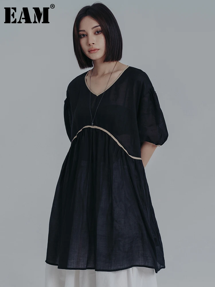 

[EAM] Women Black Irregular Big Size Transparent Dress New V-Neck Half Puff Sleeve Loose Fit Fashion Spring Summer 2022 1DE8072