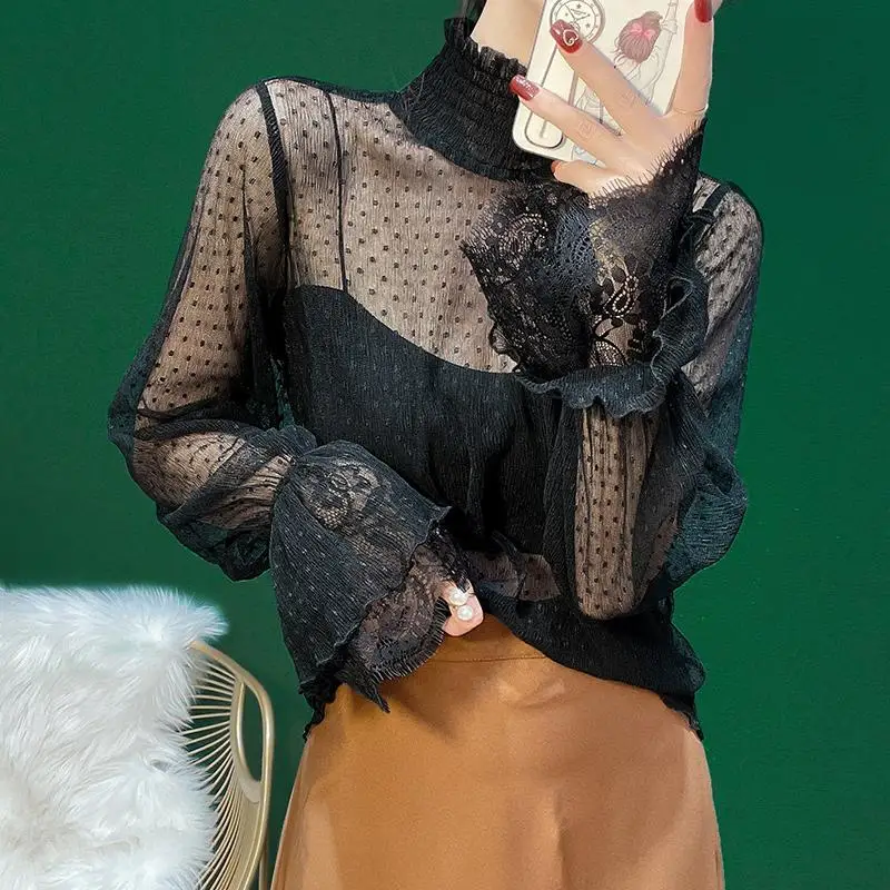 

Spring Autumn Thin Half High Collar Net Yarn Bottoming Shirt Long Sleeve Solid Sexy Lace Tops Tees Fashion Elegant Women Clothes