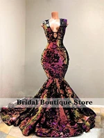 sexy long mermaid african prom dresses shining sequins ruffles birthday party dress evening gown robe de bal custom