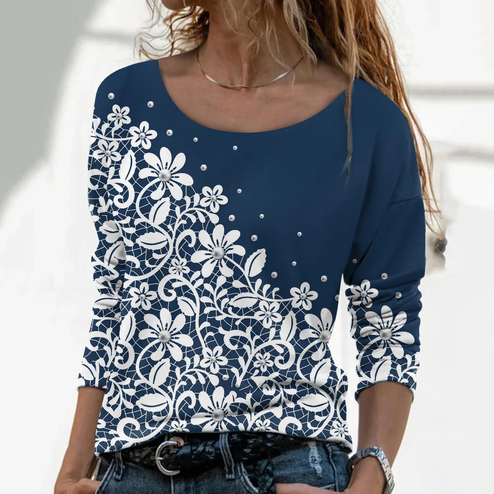 

Women Floral Fall Long Sleeve Color Block Shirt Casual Crew Neck Top Loose Tee Shirts Tunic Workout Tees Women