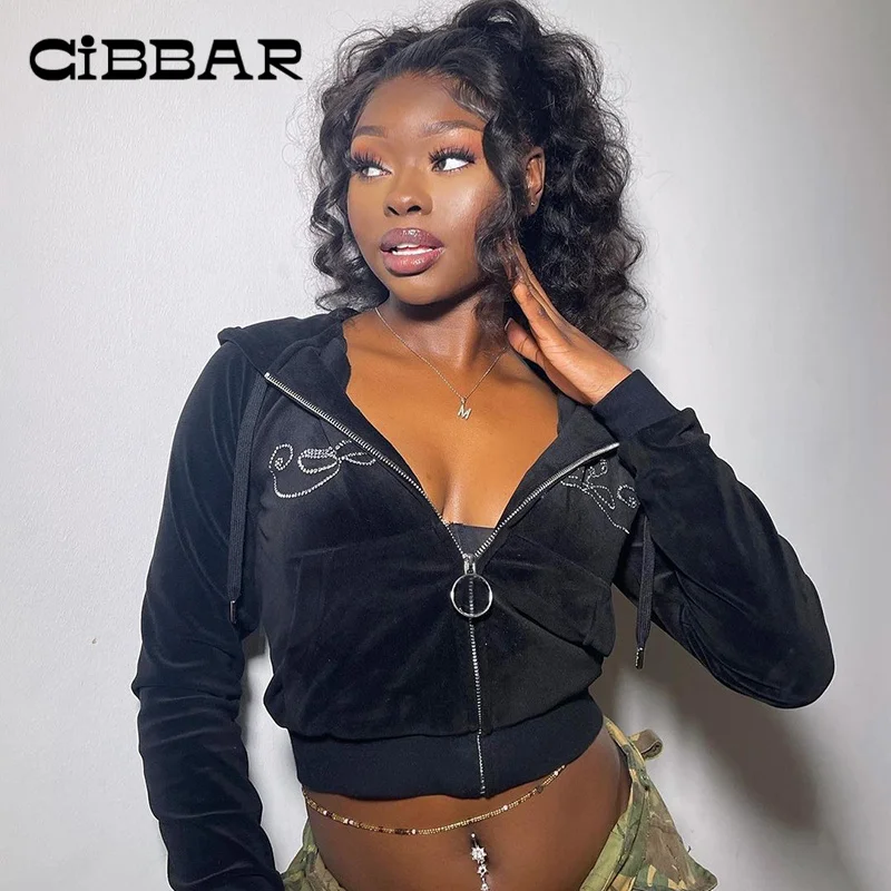 

CIBBAR Autumn New Velvet Cropped Jackets Women's Sportywear Casual Diamond Pocket Outerwear 2022 Fashion Hoodies Zip Up Coats
