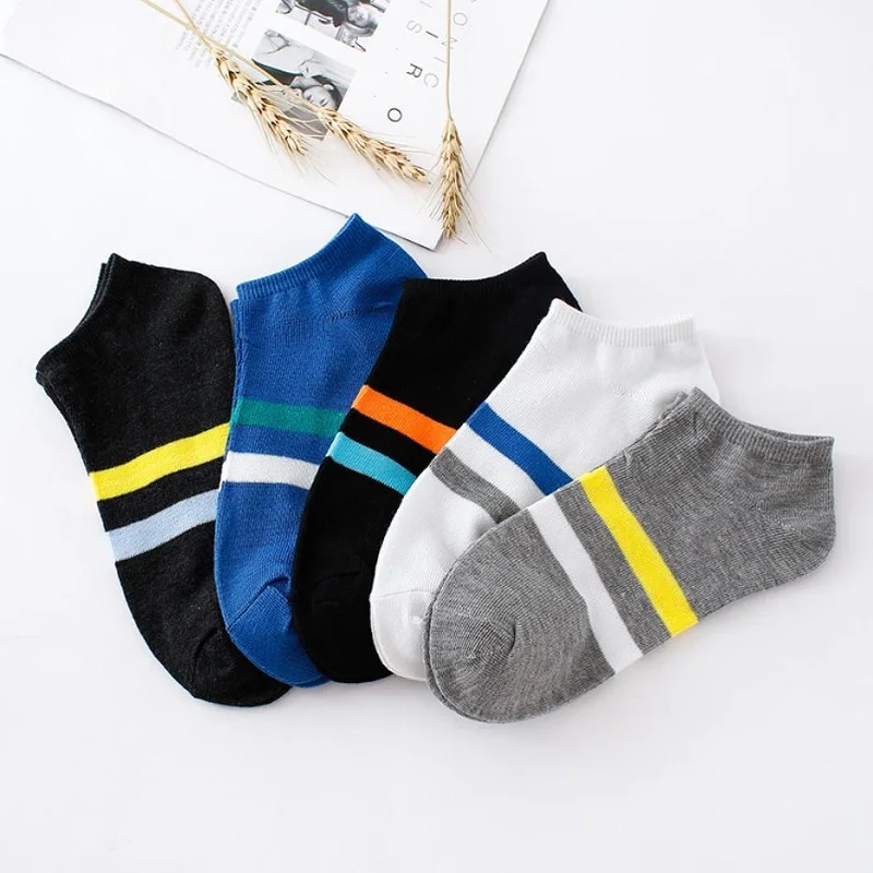 5 Pairs Men Short Socks Fashion Simple Casual Stripe Couples Invisible Boat Socks Male Street Preppy Style Low Cut Ankle Socks