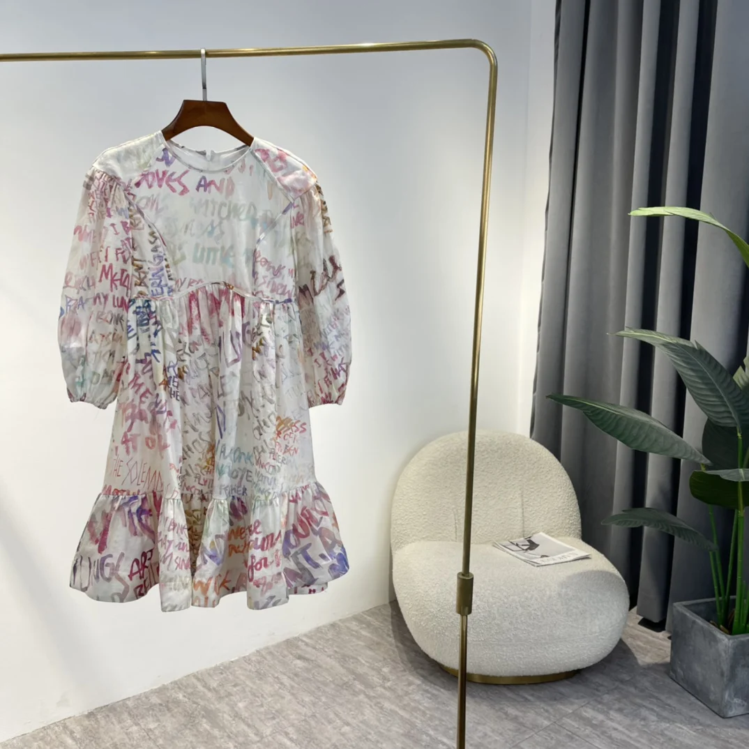 

Женское свободное льняное платье-трапеция, винтажное мини-платье с разноцветным принтом букв, круглым вырезом и рукавами-фонариками, весна ...