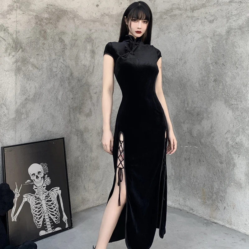 Vestido Vintage Negro estilo chino Cheongsam de terciopelo con abertura alta para mujer, vestido largo Retro Qipao gótico para primavera 2022