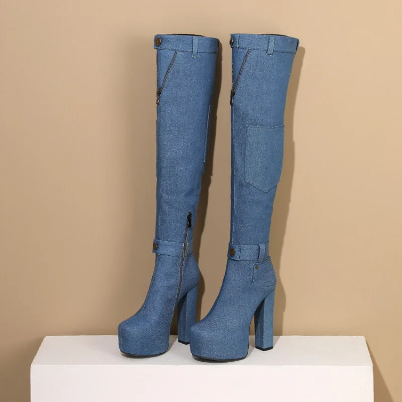 2023Slim Plus Size Thigh-high Boots Chunky Heels Over The Knee Children's High-heeled Round Toe Cowboy Boots A-0031