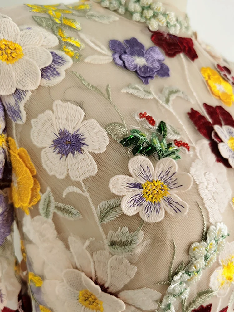 DEAT Элегантное платье с вышивкой и 3D цветком марлевое лоскутное длинными рукавами