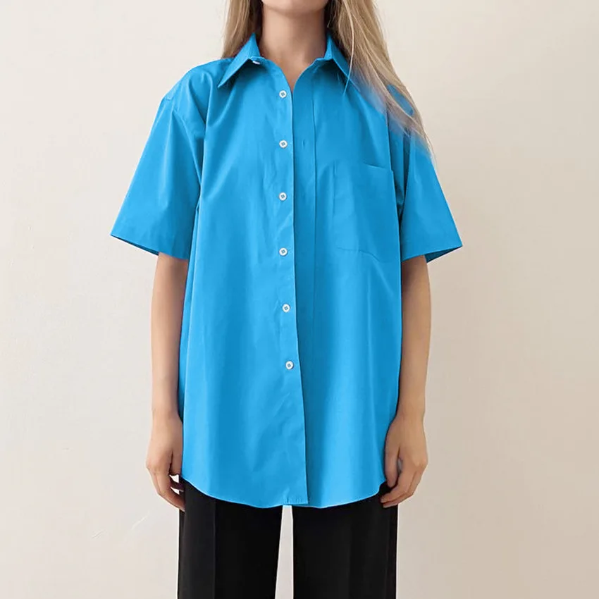 

2022 Summer New Blue Short-sleeved Shirt Commuter Style Loose All-match Casual Shirt Summer Women's Top