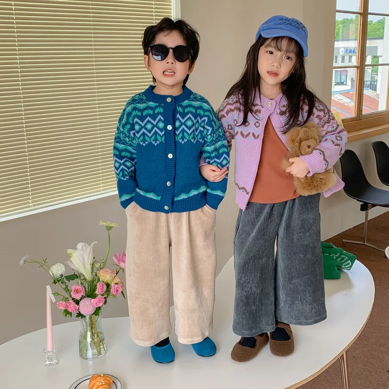 Autumn Kids corduroy all-match wide leg trousers Boys and Girls solid color loose straight-leg pants