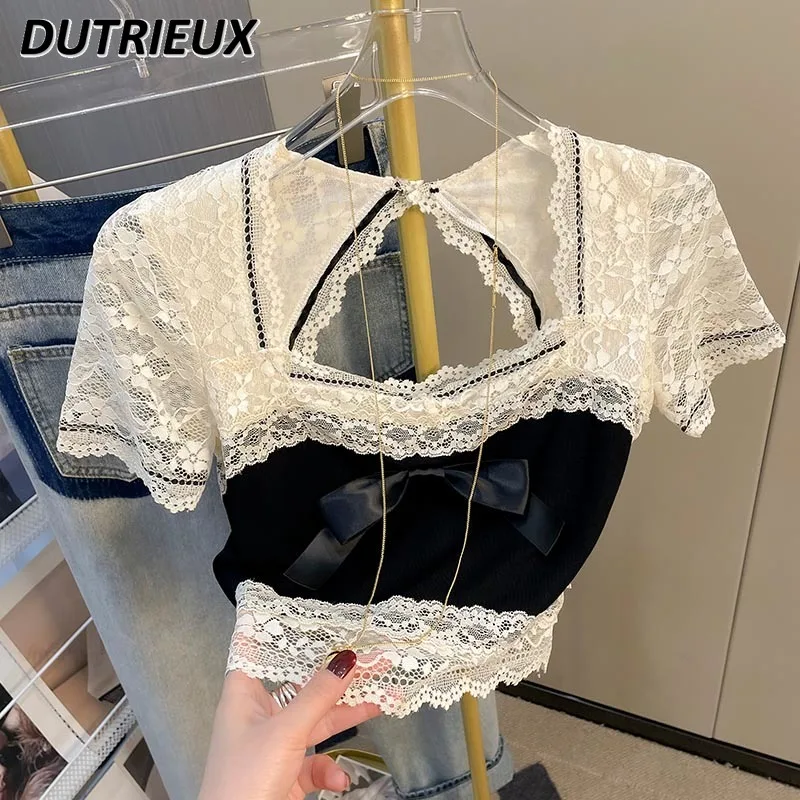 

Lace Stitching Bow Short-Sleeved Top for Women Summer New French Style Temperament Square Collar Shirt Sweet Sexy Blouse Female