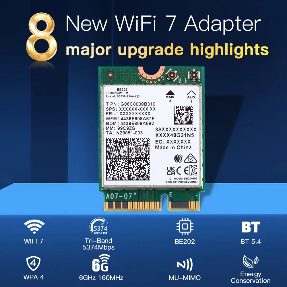 Сетевая карта WiFi7 BE202NGW 5374 Мбит/с Wi-Fi-адаптер Bluetooth 5 4 трехдиапазонный 2 4G/5G/6 ГГц BE202