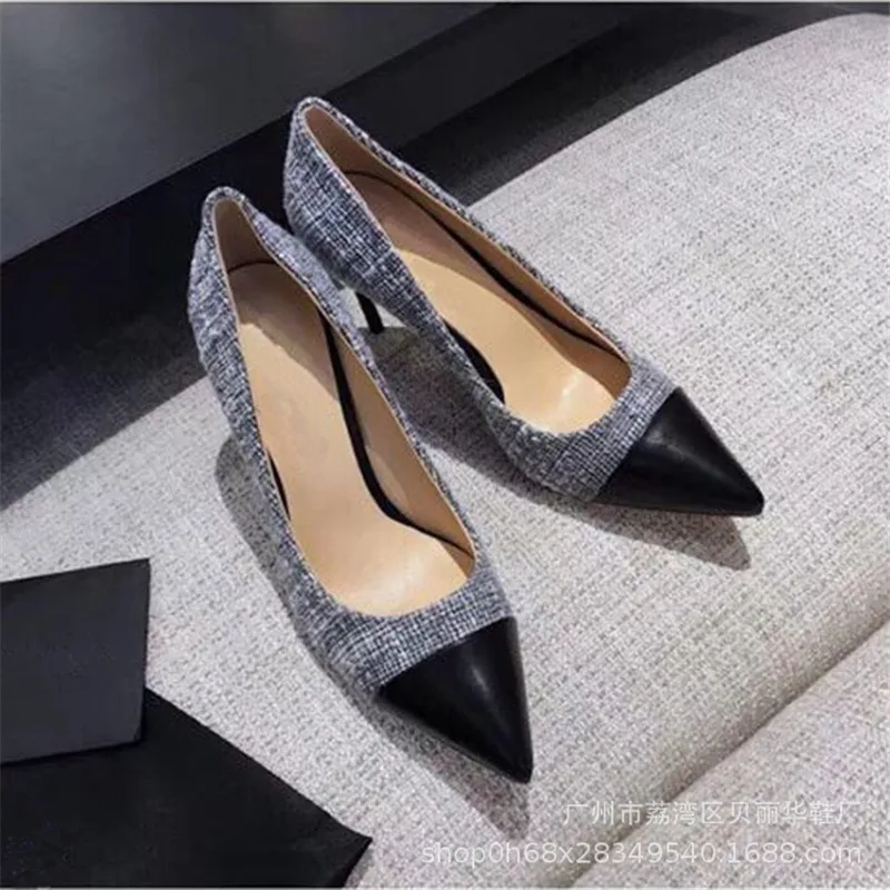 

Pointed Toe High Heel Shoes Sexy Woman Black Leather Thin Heels Designer Pumps White Pearls Decorations Party Dress Heels