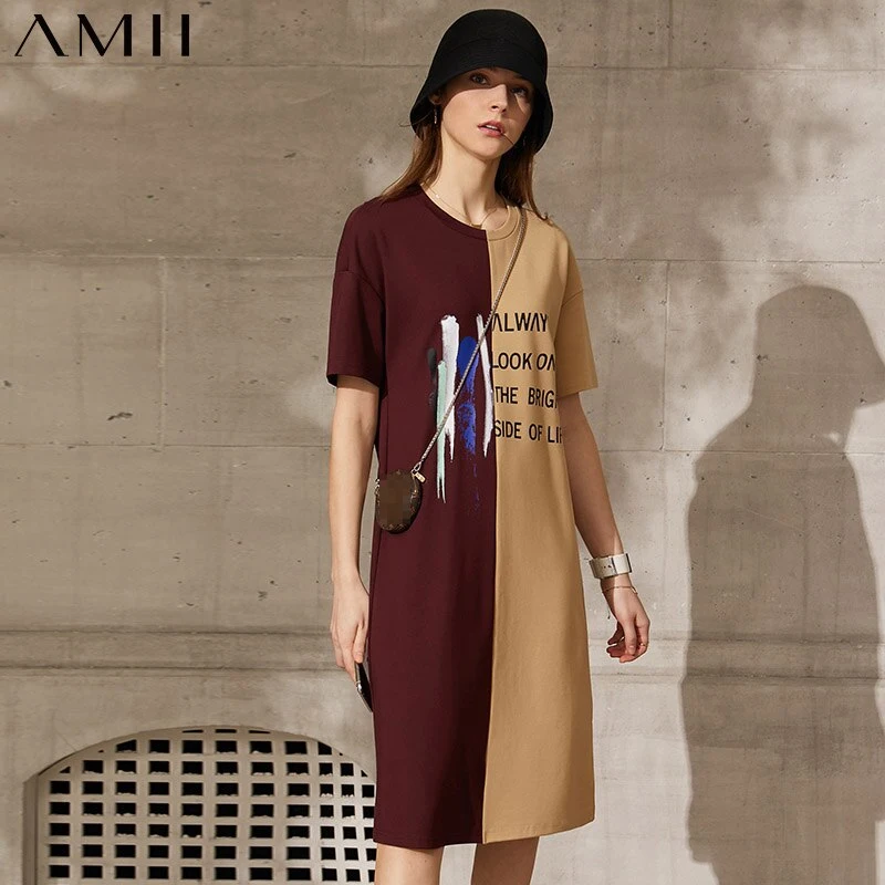 

Amii Minimalism Summer New Women's Dress Causal Oneck Letter Printed Aline Loose Knee-length Women's Summer Dress 12130030