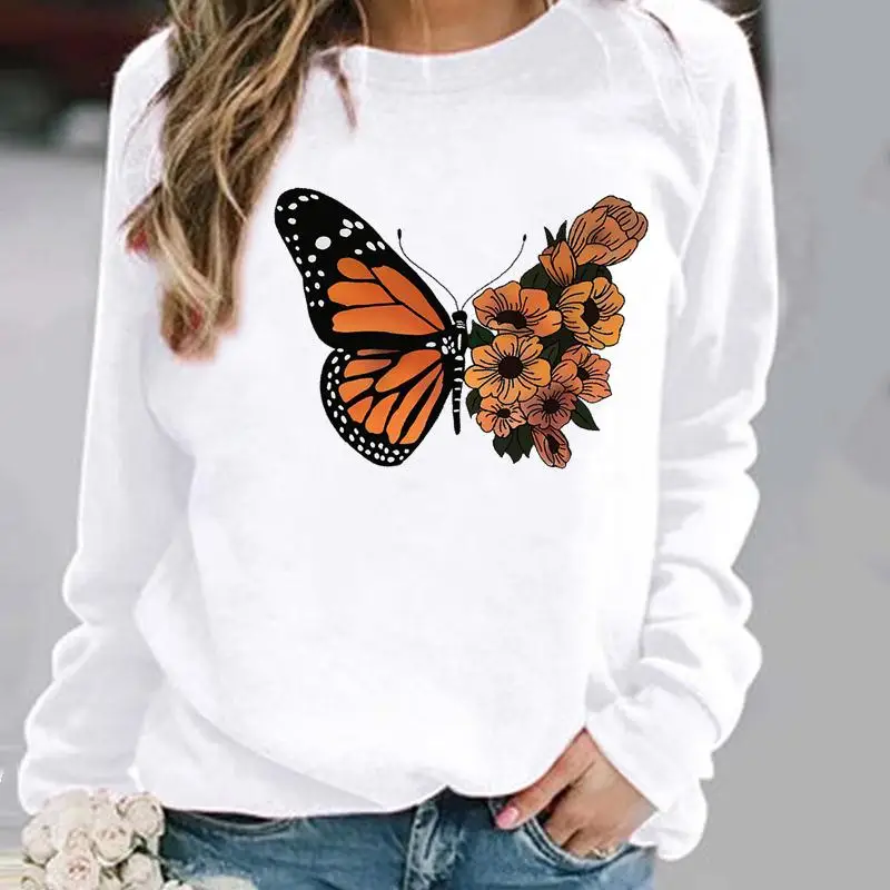 

Butterfly Flower 90s Trend Pullovers Womens Clothing Ladies Spring Autumn Winter Hoodies Woman Female O-neck Casual Sweatshirts