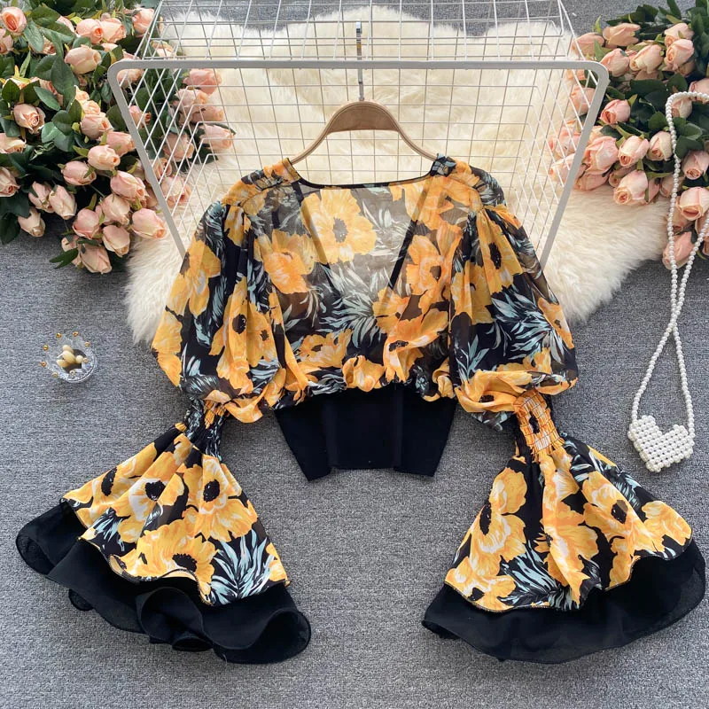 

Chiffon Shirts Temperament women's vintage heavy industry embroidery round neck heavy industry crimping slim fit versatile
