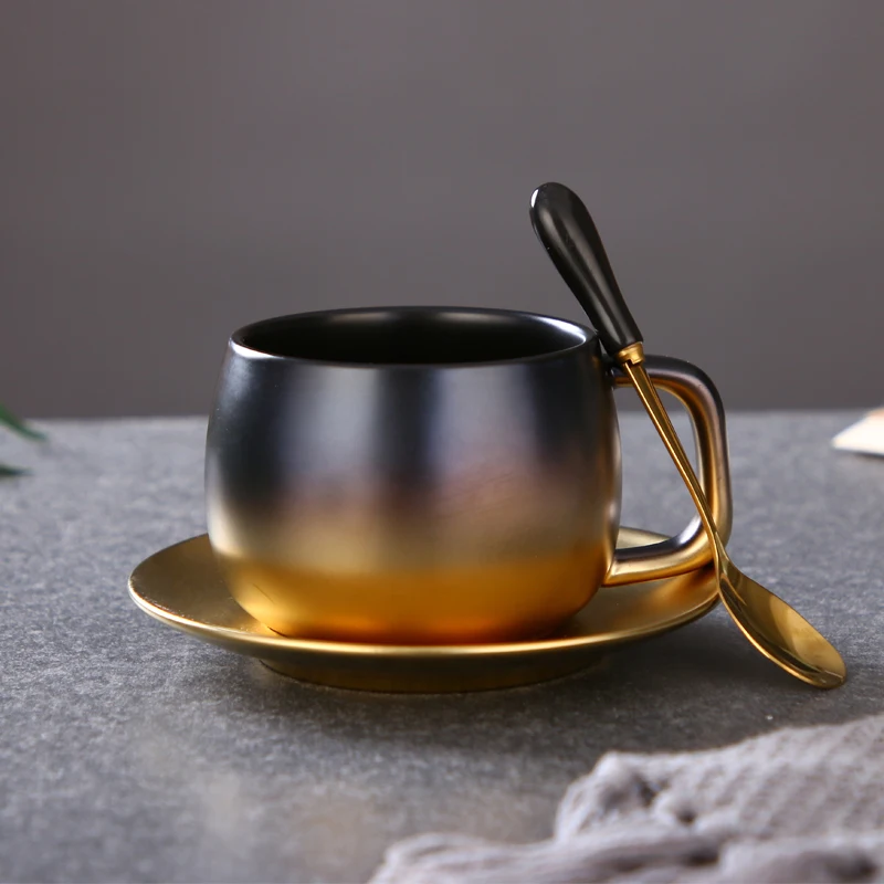

280ML American New Gradient Ceramic Coffee Cup Creative Gold Rough Surface Cup and Saucer Set Simple English Afternoon Tea Cup