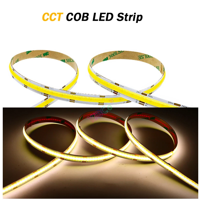 24V 5M COB CCT LED Strip Tape Flexible 608LEDs/m White Warm White 2 in 1 FCOB double color temperature Top angle line Light