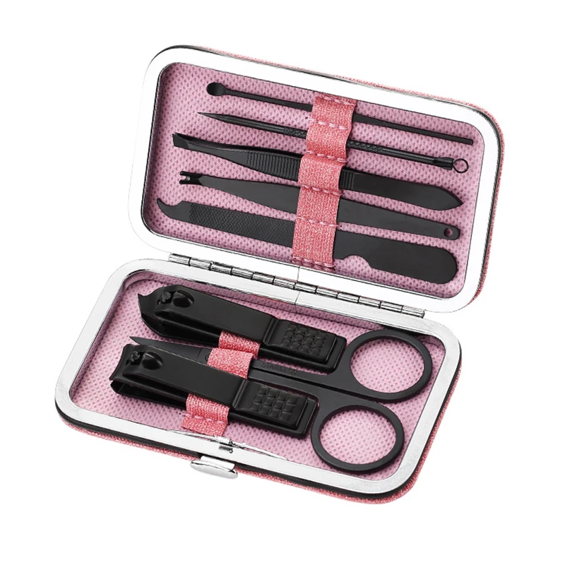 

8 PCS Nail Clipper Kit Black Pink Stainless Steel High Hardness Curve Edge Nail Cutter Scissor Tweezer Manicure Pedicure Tools