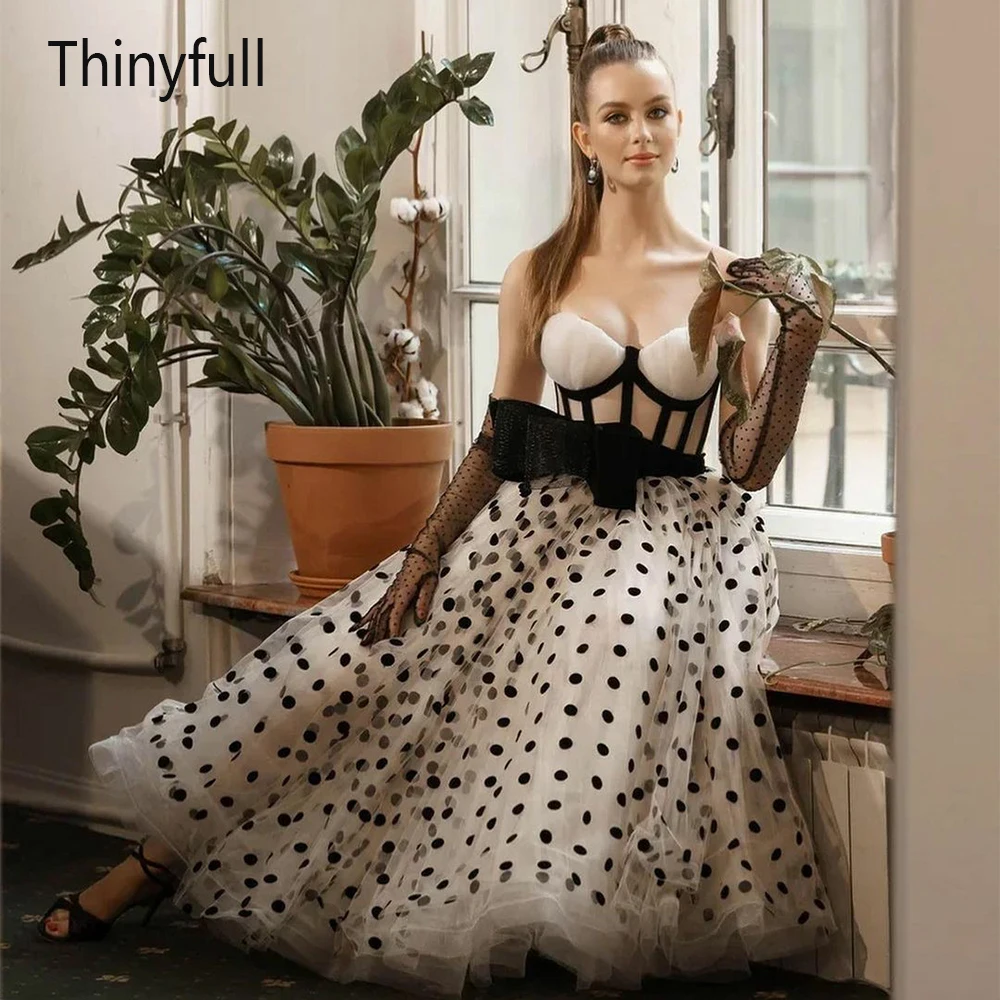 

Бальное платье Thinyfull из тюля в горошек, Короткие бальные платья для выпускного вечера, элегантные вечерние платья до середины икры с бантом, ...