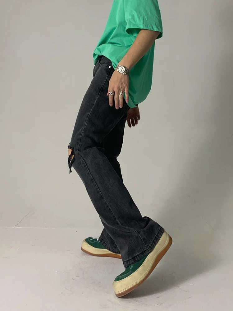 Men's Loose Jeans Black and Gray Tear Jeans Fashion Y2k Pants Men's Casual Straight Pants Ripped Jeans Men Clothing