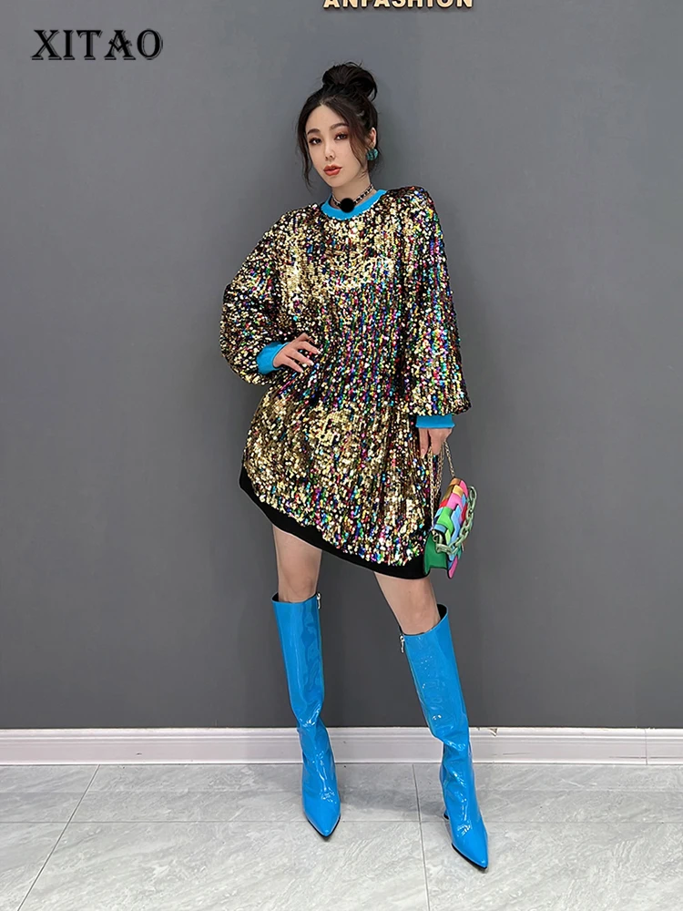 

XITAO Fashion Sequins Sweatshirt Top Loose Casual Personality Temperament Long Sleeve Women All-match Women Autumn New WLD9187