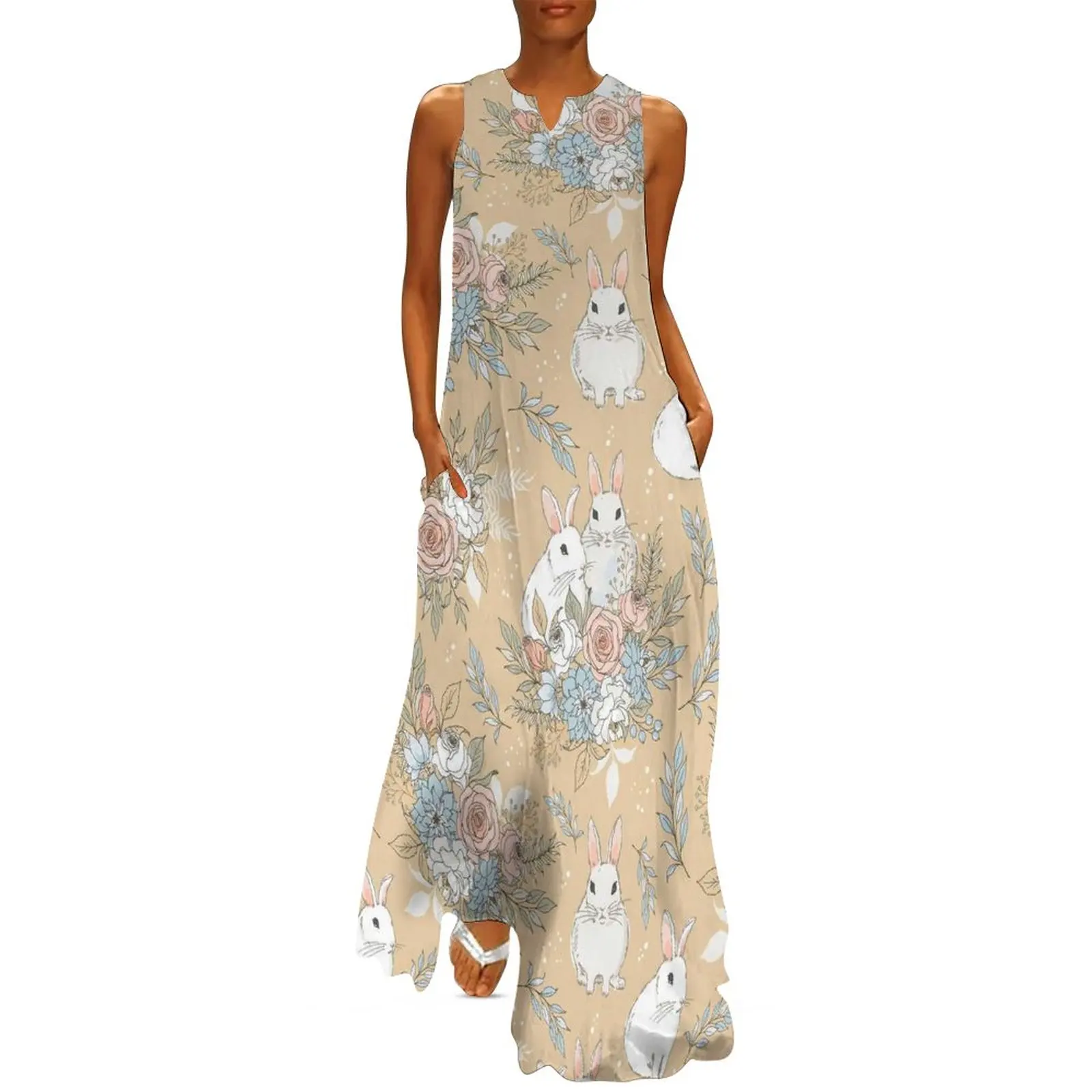 

Cute Easter Dress Floral Bunnies Print Vintage Maxi Dress Street Fashion Bohemia Long Dresses Summer V Neck Vestido 3XL 4XL 5XL