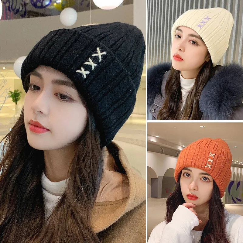 

Women's Autum Winter Warm Knitted Hat Fashion Korean Ski Skate Beanies Skullies Solid Color Outdoor Windproof Skullcap Bonnet