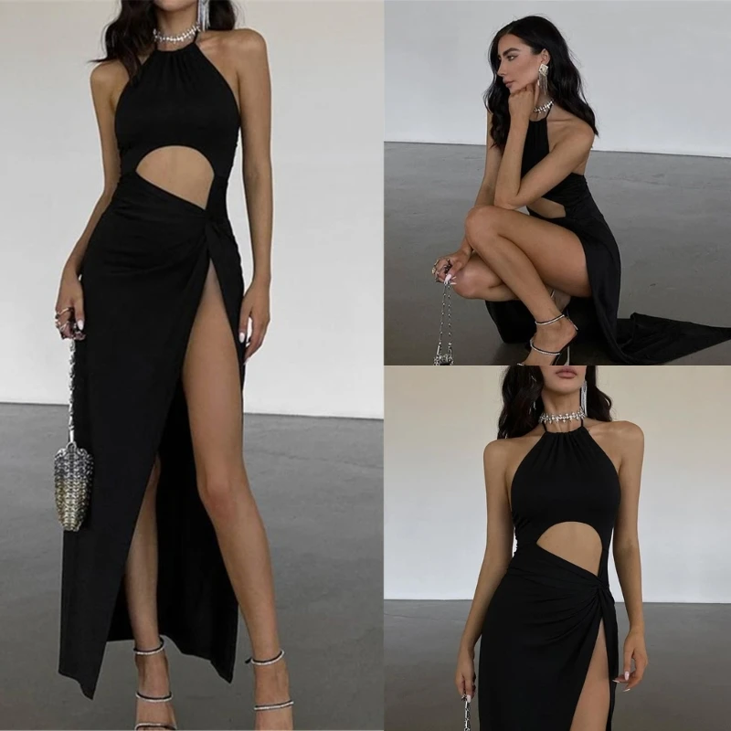 

Women's Split Dress Fashion Cut out Halter Dress Elegant Lace Up Dress Sexy Sleeveless Dress Female Cocktail Party Dress