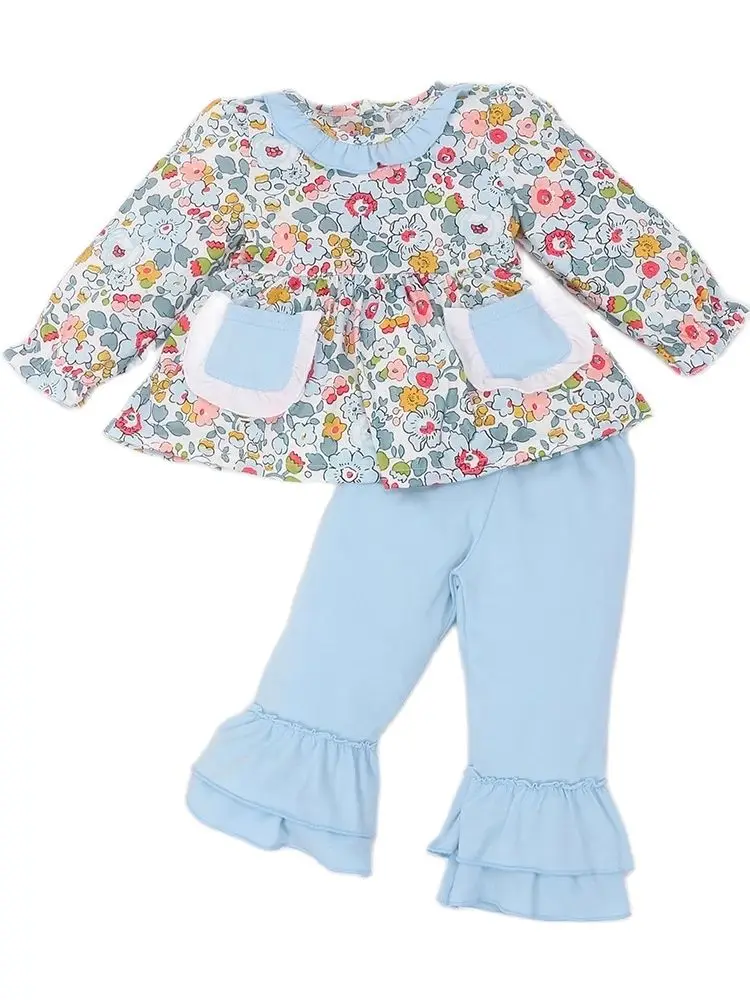 

Детская одежда, модное синее дизайнерское кружевное платье с карманами, топ с принтом лепестков и однотонные расклешенные брюки, комплект д...