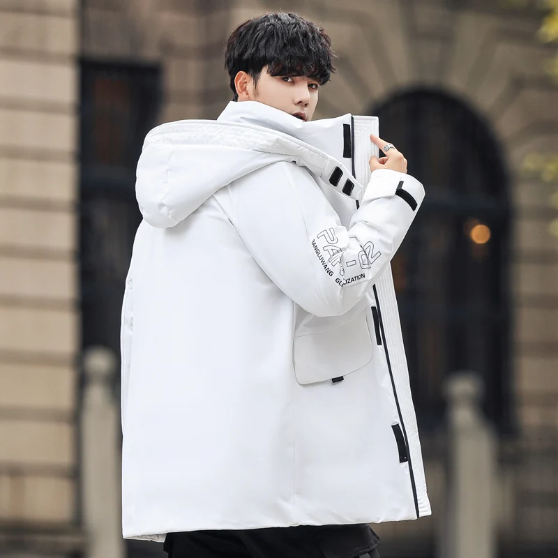 white eiderdown men handsome, fashionable, comfortable, long hooded down jacket simple, fashionable and versatile down windbre