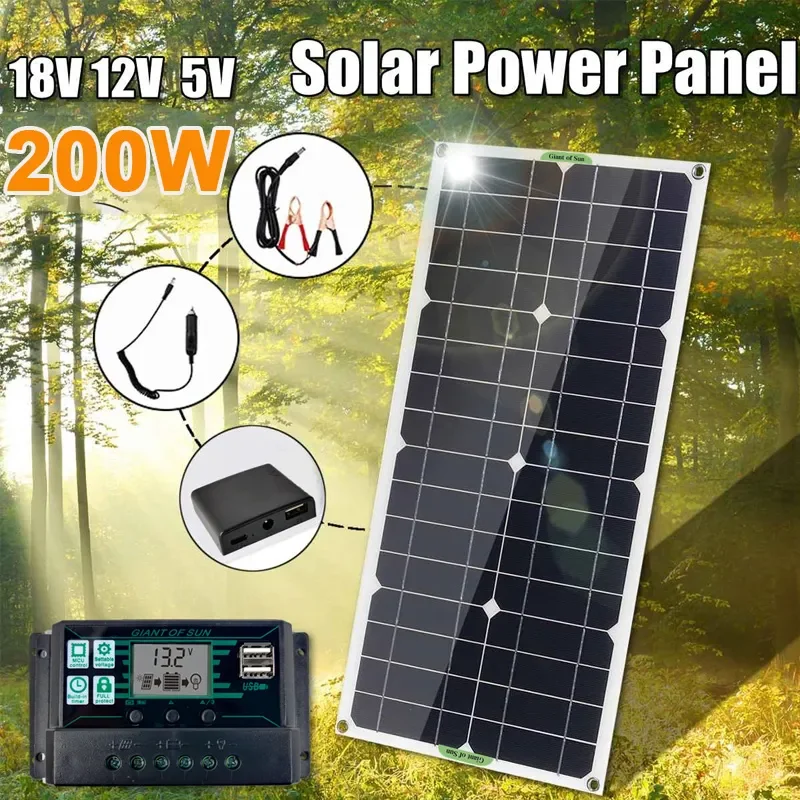 

200W 18V Solar Panel Kit 12V Charge Battery With 10-30A Mppt Controller USB Port Solar Cell Battery Power Bank for Phone RV Car