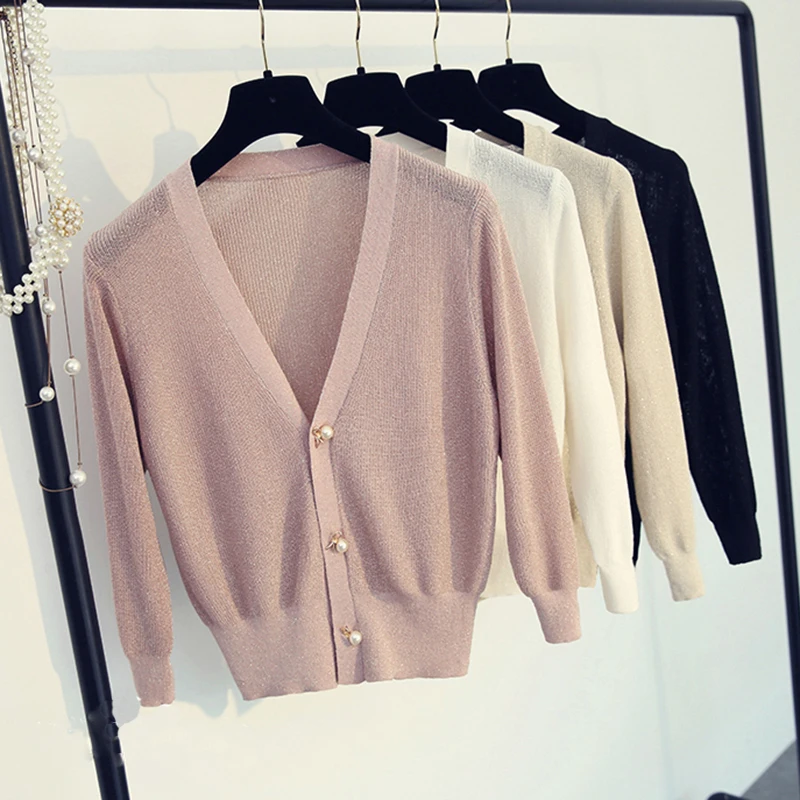 

New Korean Bright Silk Thin Knit Cardigan Women 2023 Autumn Sexy V-Neck Pearl Button Cardigan Tops Femme Female Sweater Jacket