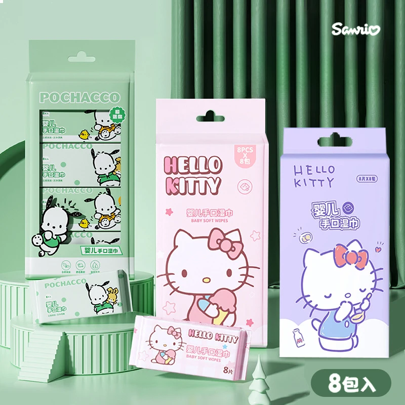 

Sanrio, Hello Kitty ручные влажные салфетки Kuromi Pachacco, мини портативные домашние влажные салфетки для улицы, приятные для кожи, мягкие, не вызывающие раздражения