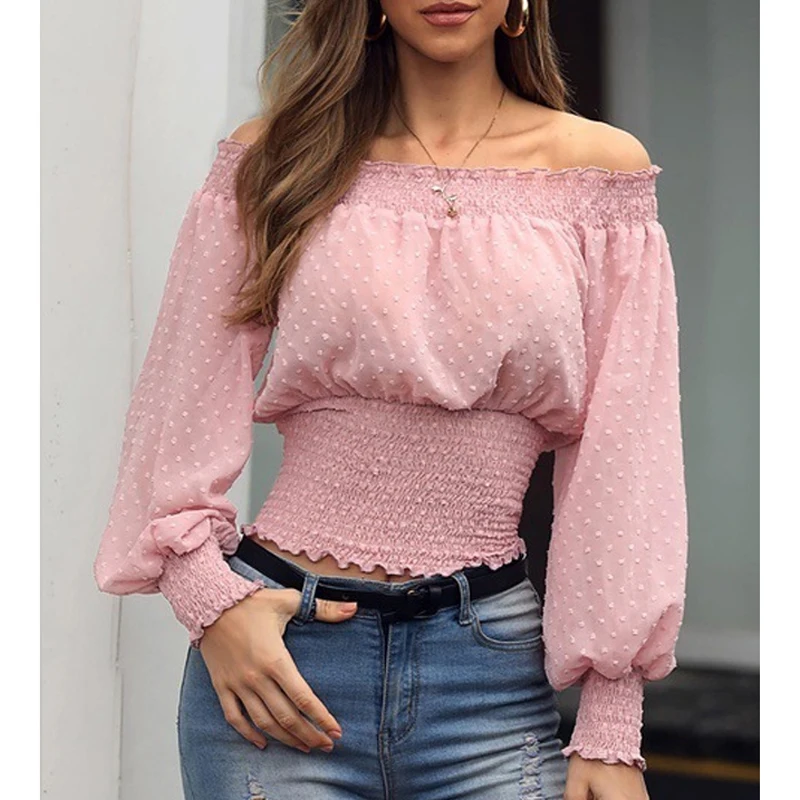 

Elegant Ruffle Waist Off Shoulder Shirt Fashion Chiffon Blouse Women Sexy Crop Tops Ladies 2023 Long Sleeve Woman Clothes 24850