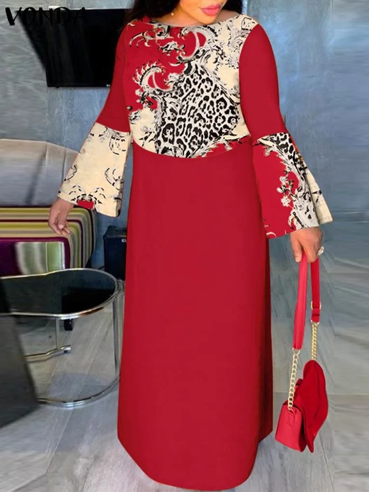 

Модное платье 2023, Осеннее богемное платье VONDA с длинным Расклешенным рукавом, повседневный свободный винтажный атласный Шелковый сарафан