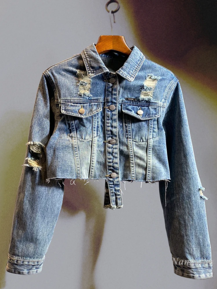

Spring Autumn New Ripped Holes Denim Jackets Womans Retro Do Old Short Denim Jacket Casual Street Blue Jean Coat 2023
