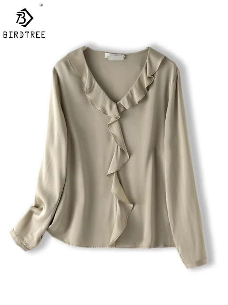 

Женская блузка из натурального шелка с оборками и v-образным вырезом Birdtree, осенне-зимний топ, 90% натурального шелка, T38350QM