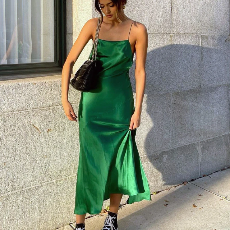 2022 Backless Y2K Green Midi Satin Sexy Dress Woman Summer Sleeveless Elegant Club Bodycon Dresses For Women Party  - buy with discount
