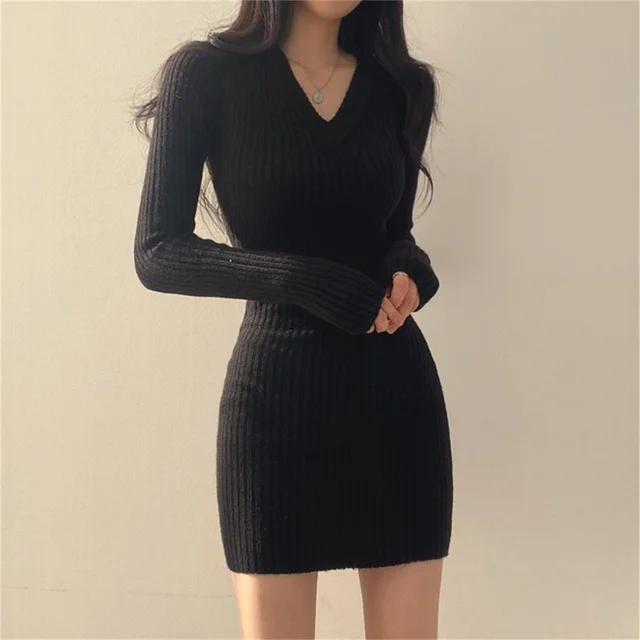 Women Sexy V neck Slim Ribbed Knitted Bodycon Dress Korean Winter Long  Sleeve Mini Sweater Dress - купить по выгодной цене | AliExpress