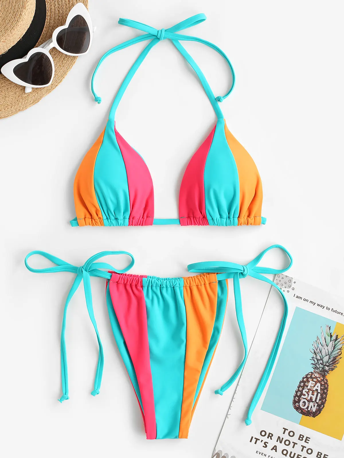 

Zaful Neon Color Blocking Halter Bikini Swimwear Tie Side Halter Upside Down Loincloth Tanga Two-Piece Women Bathing Suits 2022