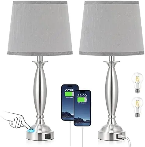 

Touch Control Bedside Lamp with USB C+A, 3 Way Dimmable Nightstand Lamps with USB Port, Brushed Nickel Table Lamp for Living Roo