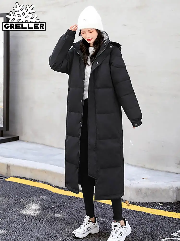 GRELLER 2022 Winter New Women's Clothes Long Cotton-padded Jacket Black Hooded Warm Thicken Coat Loose Outwear Ladies Parkas