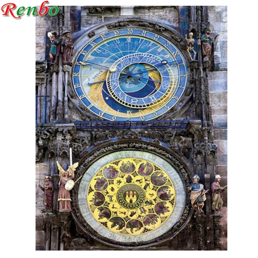 

Алмазная 5D картина «сделай сам» с квадратными стразами, орнамент «Прага» с астрономическими часами, 3D картина стразы, украшение для дома, по...