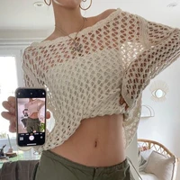 sisjuly european and american style chic cut out slim fitting t shirt womens design sense fishing net knitting long sleeve ve