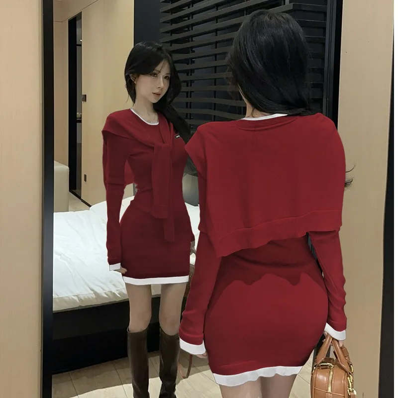 @ Real Shot Price New ~ Korean Series Sweet All-Match Color Matching Waist Hugging Long sleeve Knitted Hip Skirt Women w...